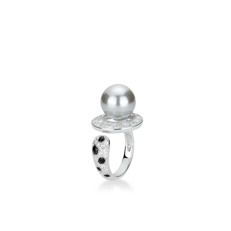 

Bellux 925 Silver Synthetic Zircon Ring Black and White Full Diamond Leopard Print Grey Pearl Fine Jewelry Women's Ring