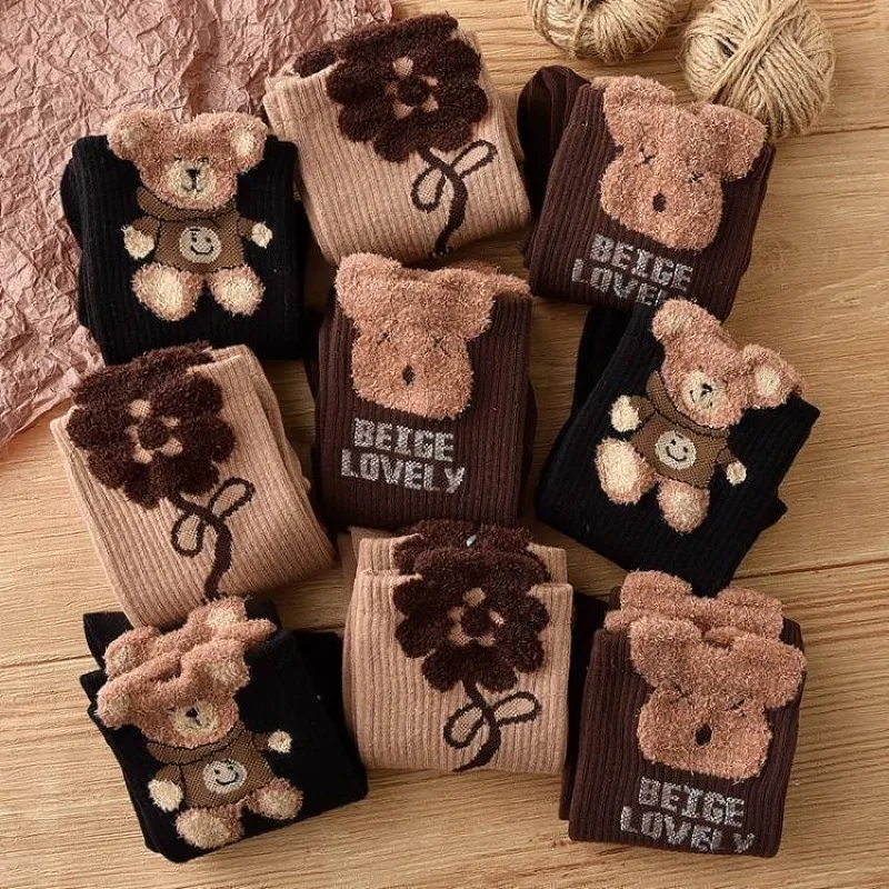 

3 Pairs Black Woolen Teddy Bear Women's Socks for Autumn and Winter Warm and Cute Three-dimensional Plush Retro Long Socks 2025