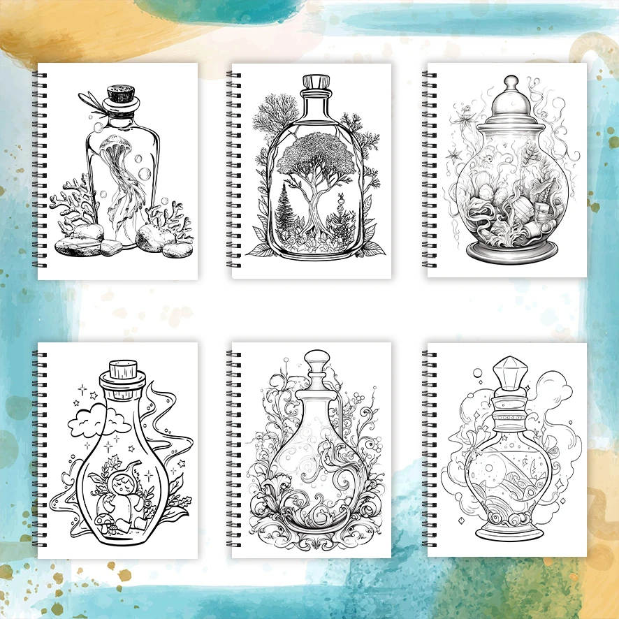 Small World in a Magic Bottle Adult Coloring Book - 8.3x 11.2 Inch 32 Page Coloring Book - Helps Reduce Stress and Ease Emotions