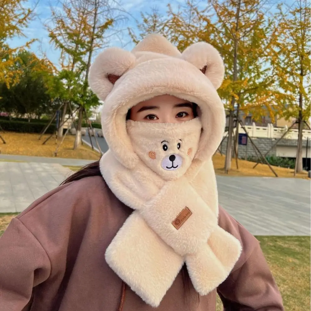 New Fashion Thickened Hooded Scarf Women Winter Anti-Freeze Hat Scarf Soft Plush Bear Ear Warm Beanies Hat