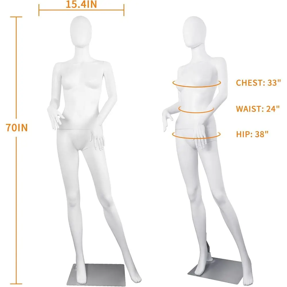 Adjustable 70 White Female Dress Form with Detachable Plastic Body and Metal Stand Display