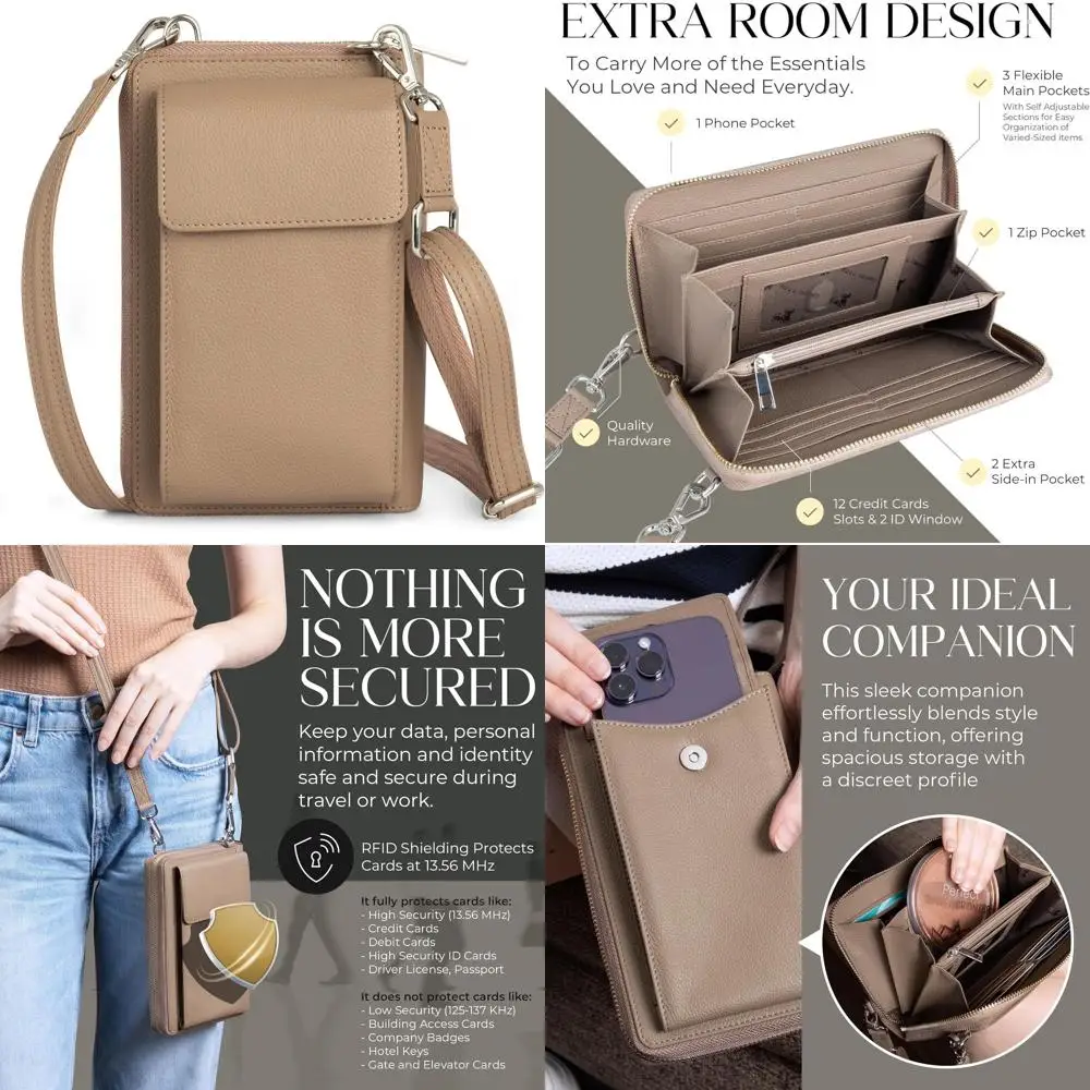 

Anti-Theft RFID-Blocking Leather Crossbody Wallet, Small Elegant Design for Travel, Phone Purse