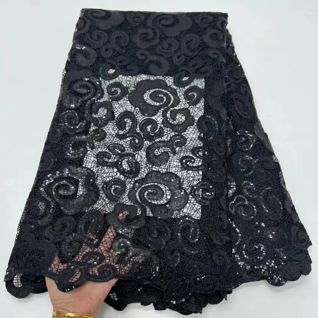 Latest Black African Guipure Cord Lace Fabric 2023 High Quality French Nigerian Water Soluble Lace Fabric For Party Dress KR2340