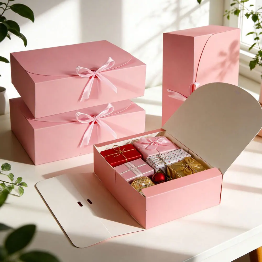 5pcs Fashionable Pink Flip Cover Gift Box Bag With Satin Ribbon For Reusable Storage Gift Box For Birthdays Weddings And Parties