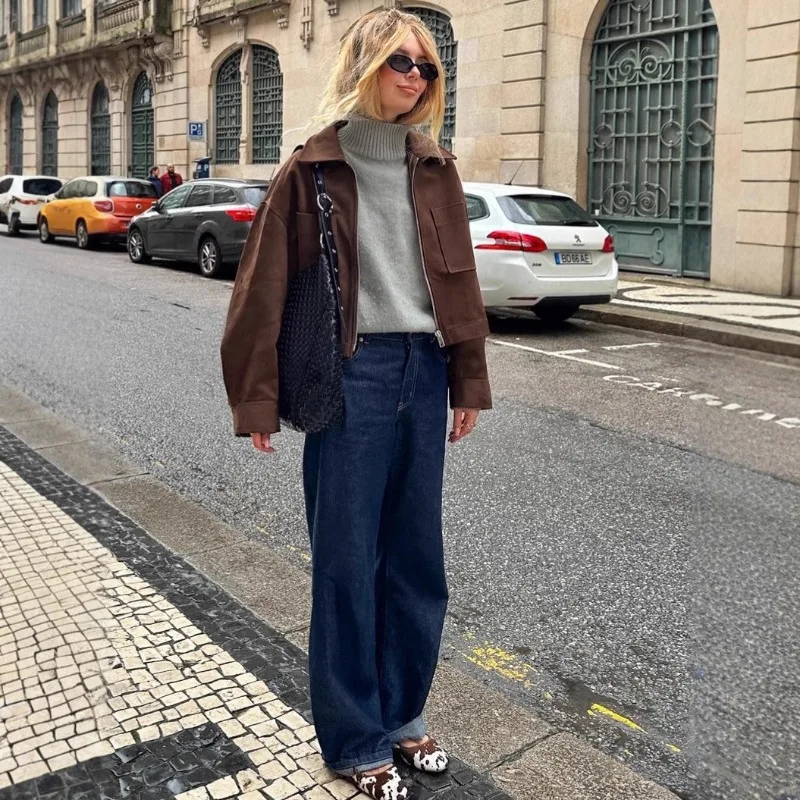 

New Long-sleeved Suede-like Velvet Jackets Brown New fashion personality Zipper Tops Jackets Women's Wear Autumn and Winter Coat