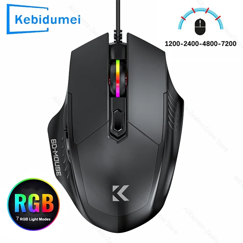 Mysz przewodowa do gier KEBIDUMEI, regulowana 7200/2400DPI, podświetlenie RGB, cicha mysz USB, 6-przyciskowa, ergonomiczna myszka do komputera stacjonarnego i laptopa. — zdjęcie produktu 7