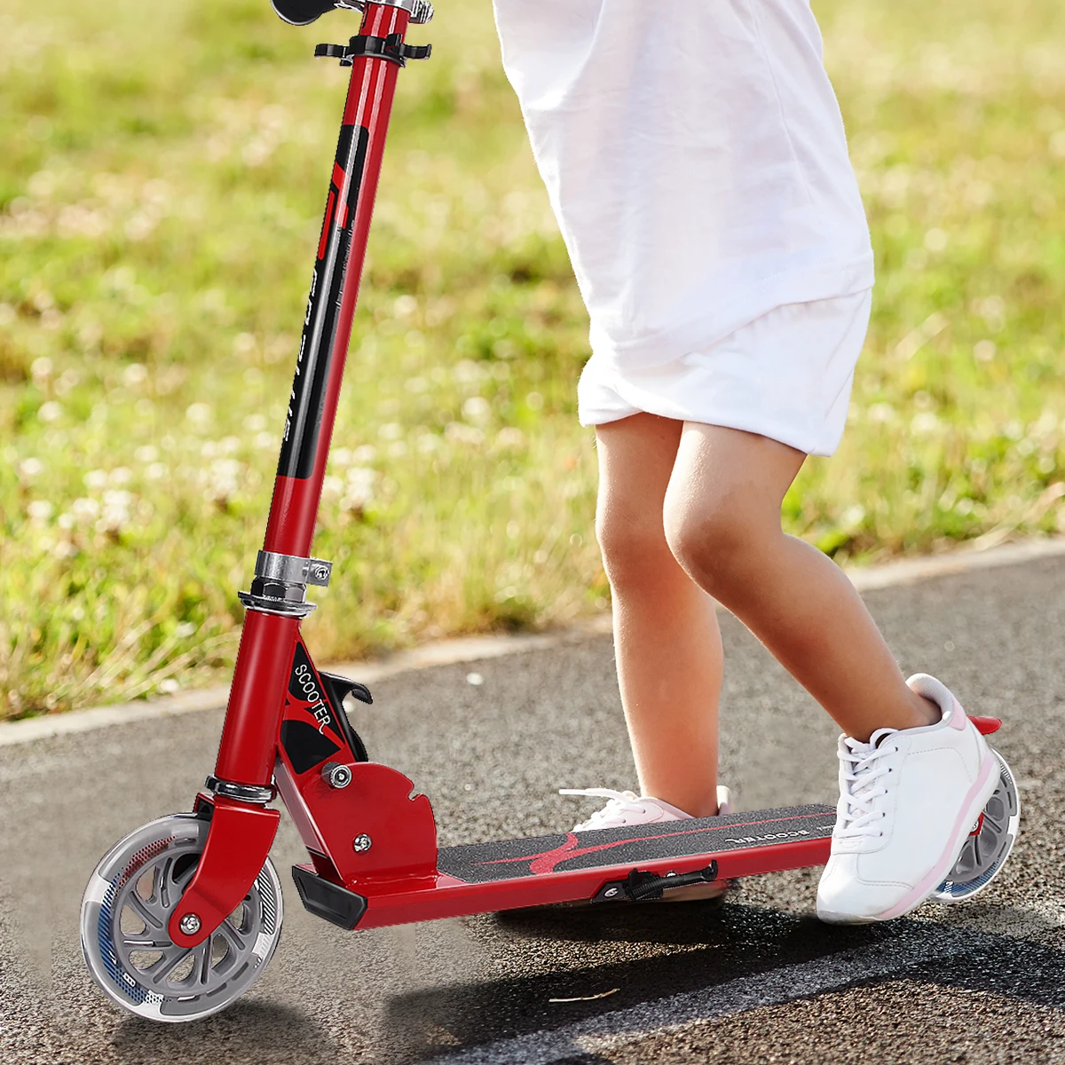 Red Folding Aluminum 2 Wheel Kids Kick Scooter Adjustable Height LED Light Up