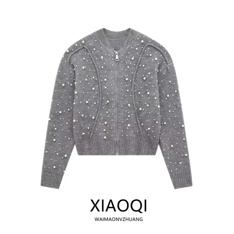 Pearl Decorated Pilot Jaet Outerwear 2025 Autumn New European and American Style Pearl Decoration Knitted Pilot Jacket Coat