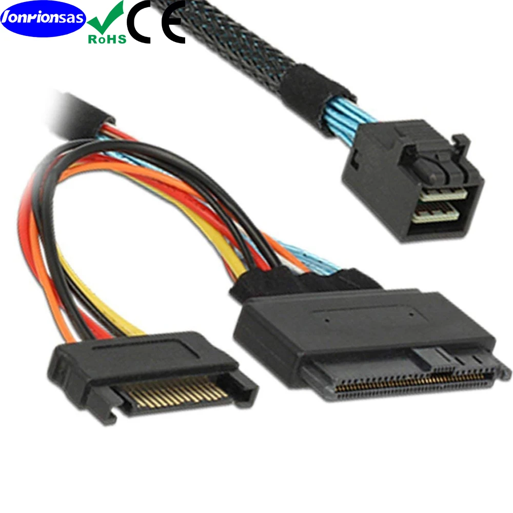 LONRIONSAS#Internal PCIe 4.0 Mini SAS SFF-8643 to U.2 SFF-8639 SSD with 15 pin Male SATA Power cable