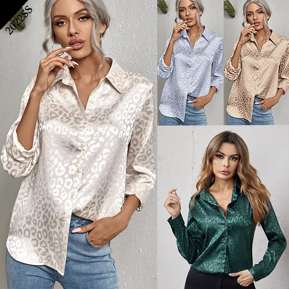 2024 Spring Office Lady Tops Long Sleeve Leopard Jacquard Blouse Turn Down Collar Button Shirt Autumn Fashion Tops Elegant New