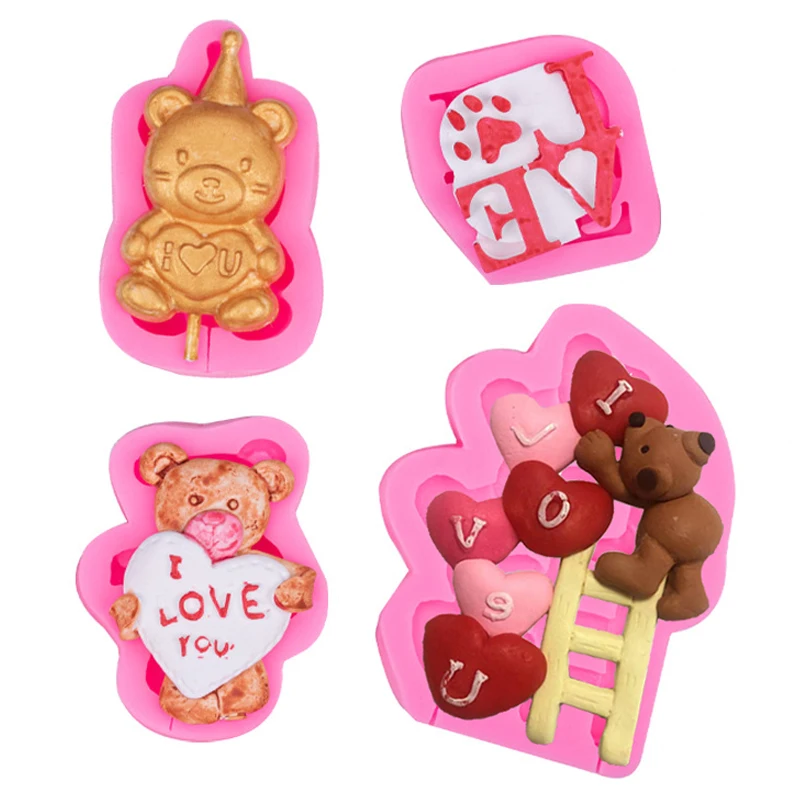 3D Bear Silicone Molds Love Heart Fondant Cake Decorating Tools DIY Cupcake Topper Chocolate Candy Resin Clay Mould