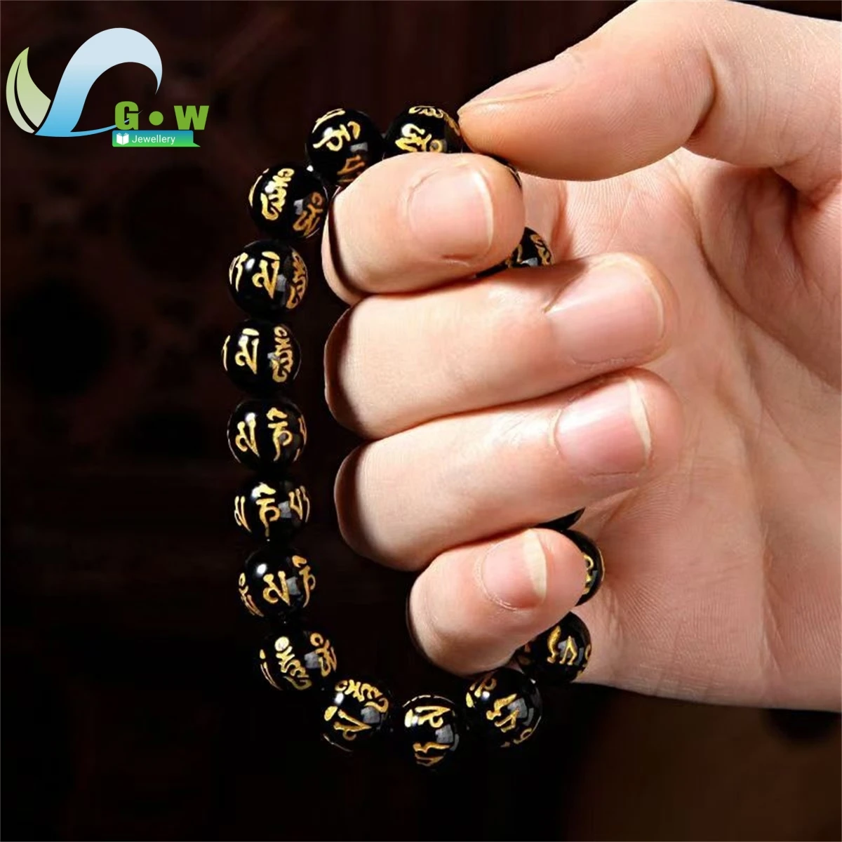 Lucky Natural Black Jade Carved Six-Character Motto Obsidian Transfer Bracelet For Men Women Gift Couple Bracelet Jewelry Gift