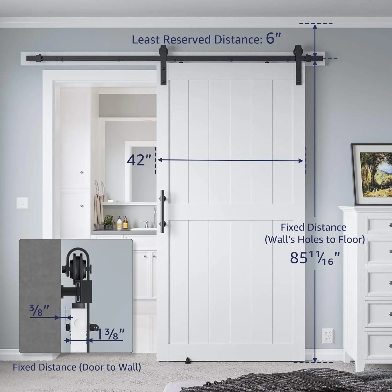 42in x 84in MDF Sliding Barn Door with 7ft Barn Door Hardware Kit & Handle, Pre-Drilled Holes Easy Assembly