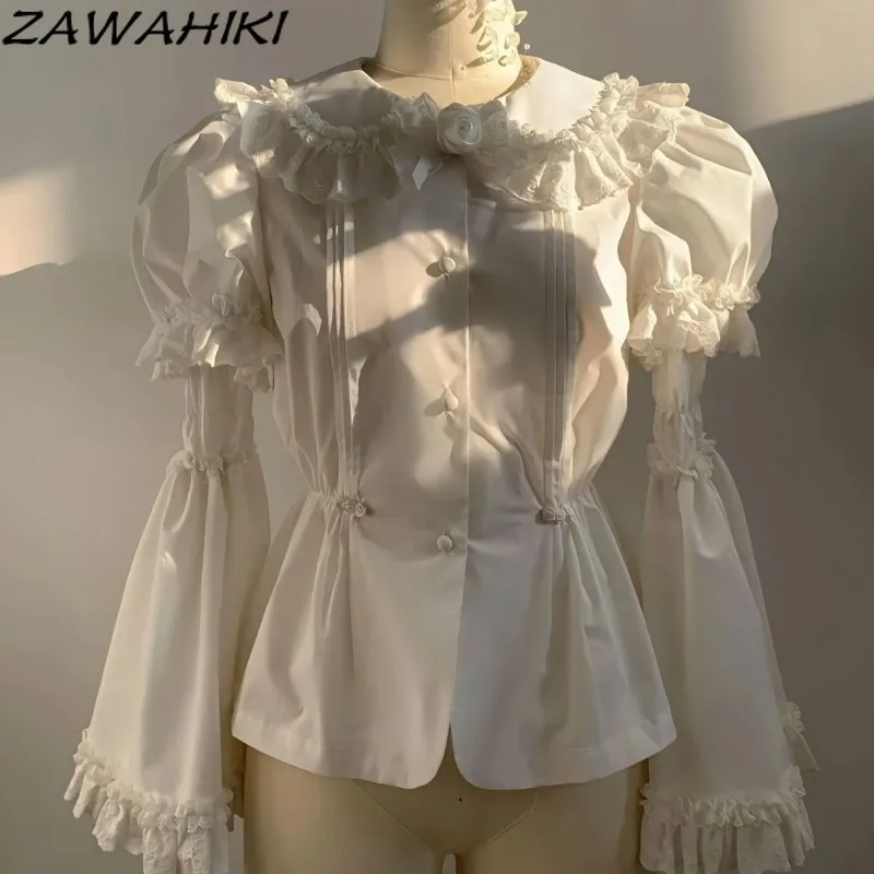 

ZAWAHIKI Blouse Women Solid Color Peter Pan Collar All Match Breasted Long Sleeve Pleated Ruffles Elegant Temperament Shirt