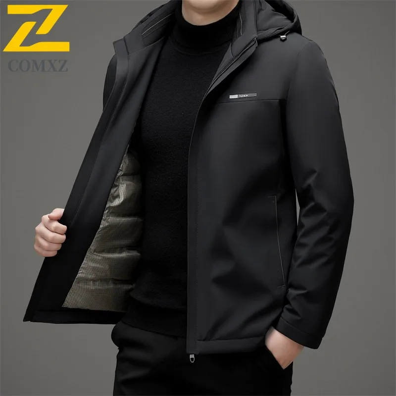 COMXZ Men Down Jacket Casual Detachable Hooded Outdoor Adventure Windproof  Parka 90 Percent White Duck Down Winter Garment