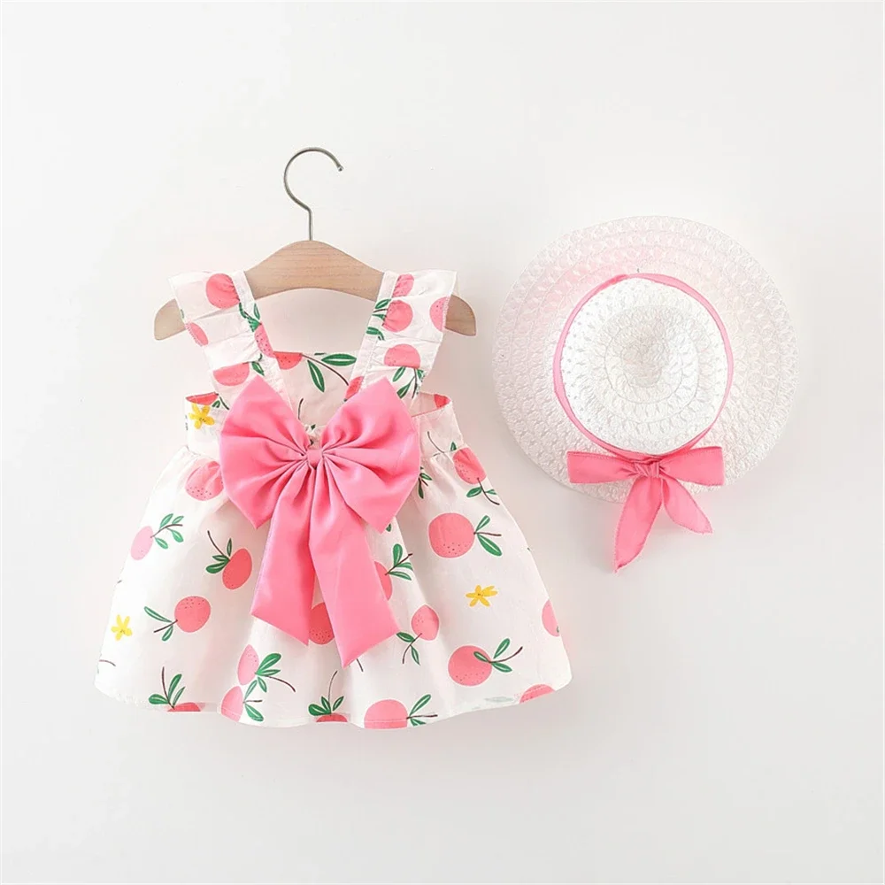 (Girls 0-3 Years Old) Summer New Girls Dress Halter Small Flying Sleeve Bow Ribbon Pear Flowers Printed with Large Bow Ribbon