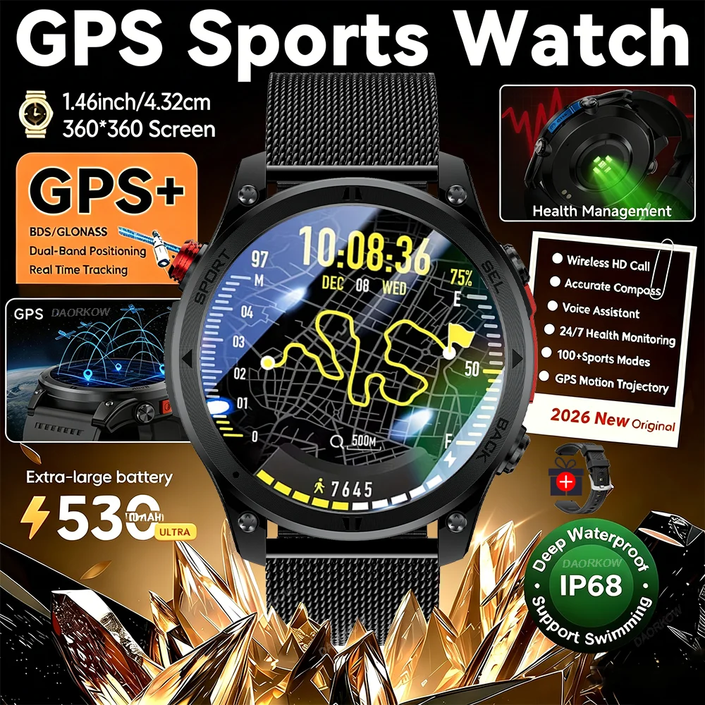 Gold Smartwatch with AMOLED Screen and Flashlight, Gift for Men