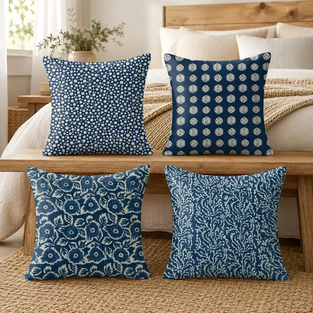 Indigo Batik Seamless Cushion Cover Silky Short Plush Invisible Zipper Dustproof Sofa Pillow Case For Home Decor