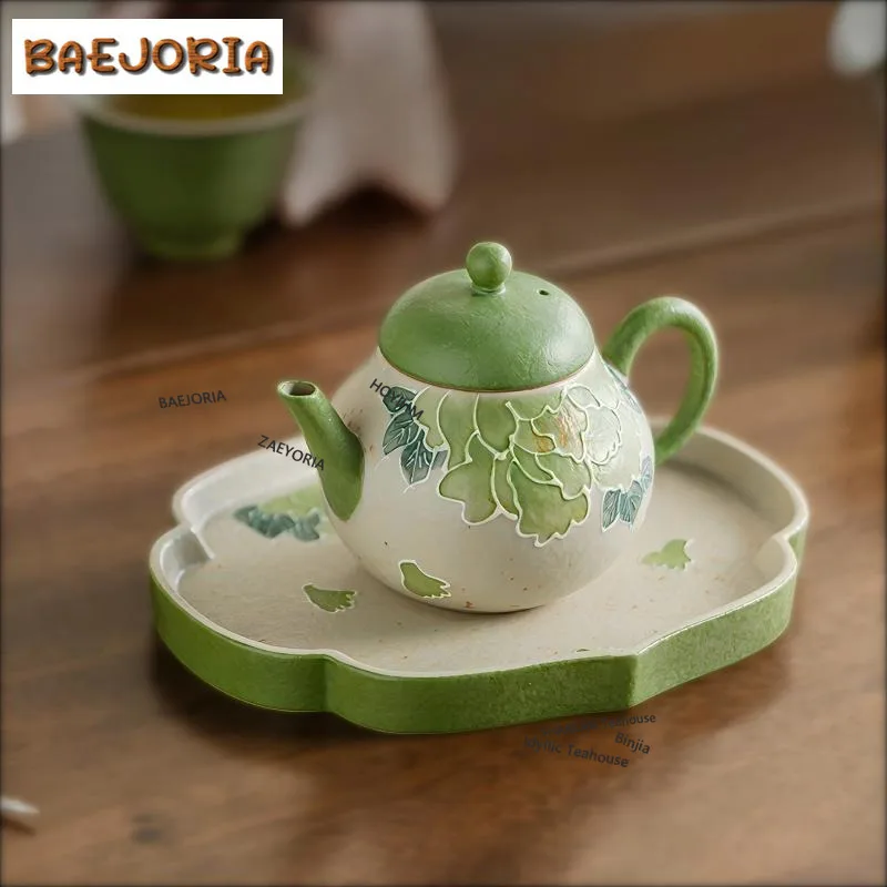 BAEJORIA 130ml Brownish Green Hand Painted Peony Teapot Aesthetic Tea Infuser Pot Tea Maker Kettle With Strainer Chinese Tea Set