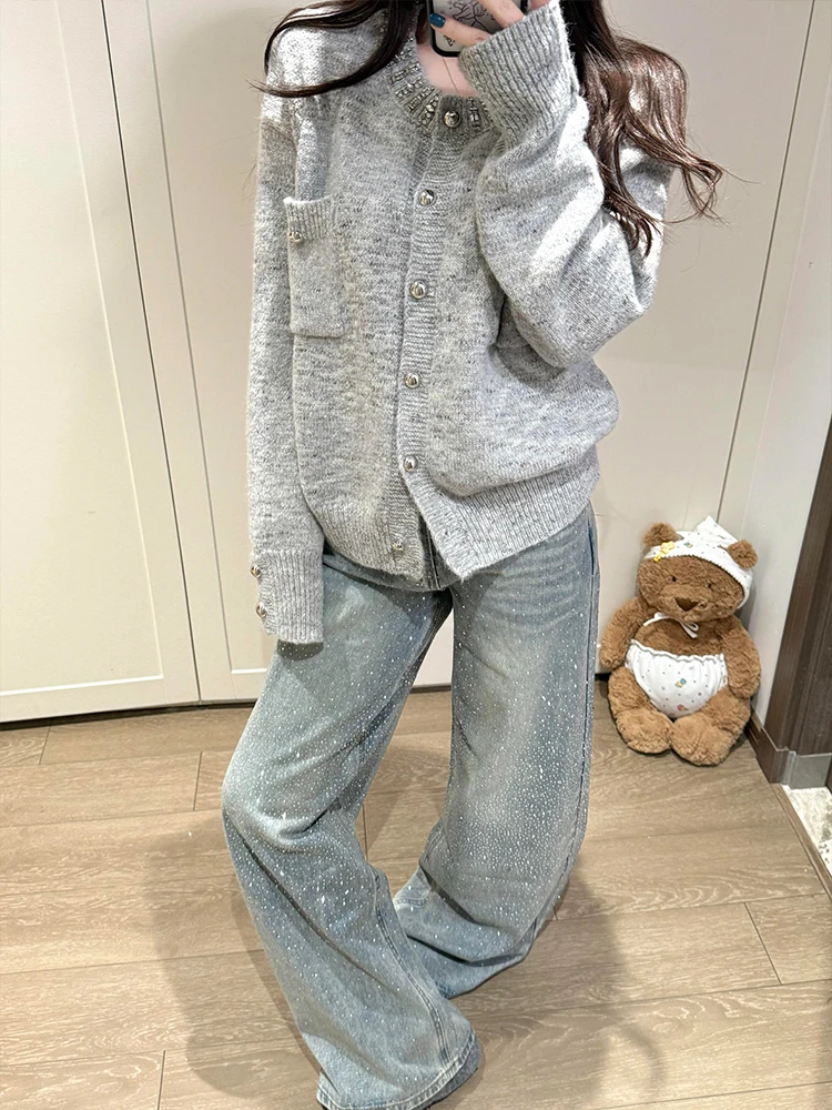

American Sle Glowing Diamond Splicing Jeans Women's Spring Vintage Design Faion Long Pants High Waist Loose Fit Pure Color