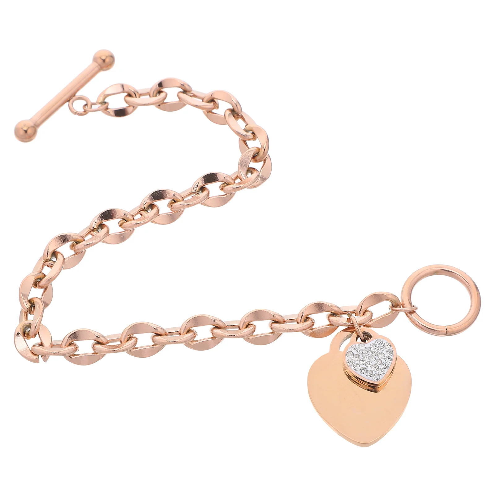 

Rose Gold Heart Charm Bracelet Titanium Steel Toggle Clasp Elegant Heart Chain Bracelet for Women Jewelry