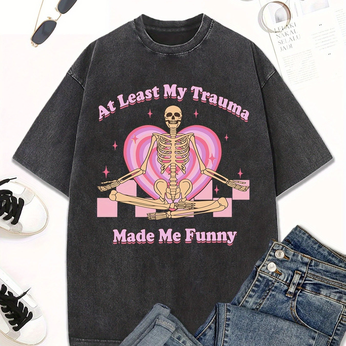 Halloween Washed Cotton Women's Skeleton Graphic T-Shirt Funny  At Least My Trauma Made Me Funny  Crew Neck Casual Shirt Top