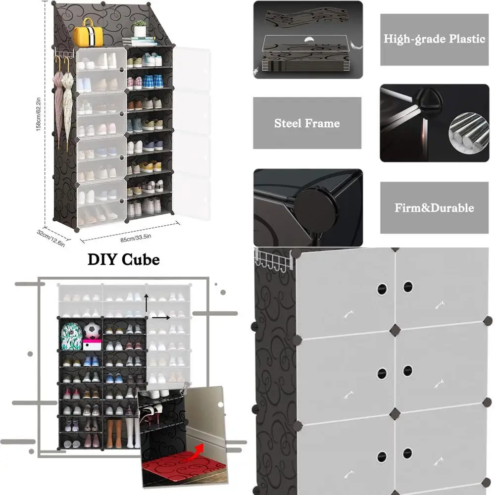 

Portable 8-Tier Shoe Cabinet with Doors, Key Rack, for 32-64 Pairs, Black
