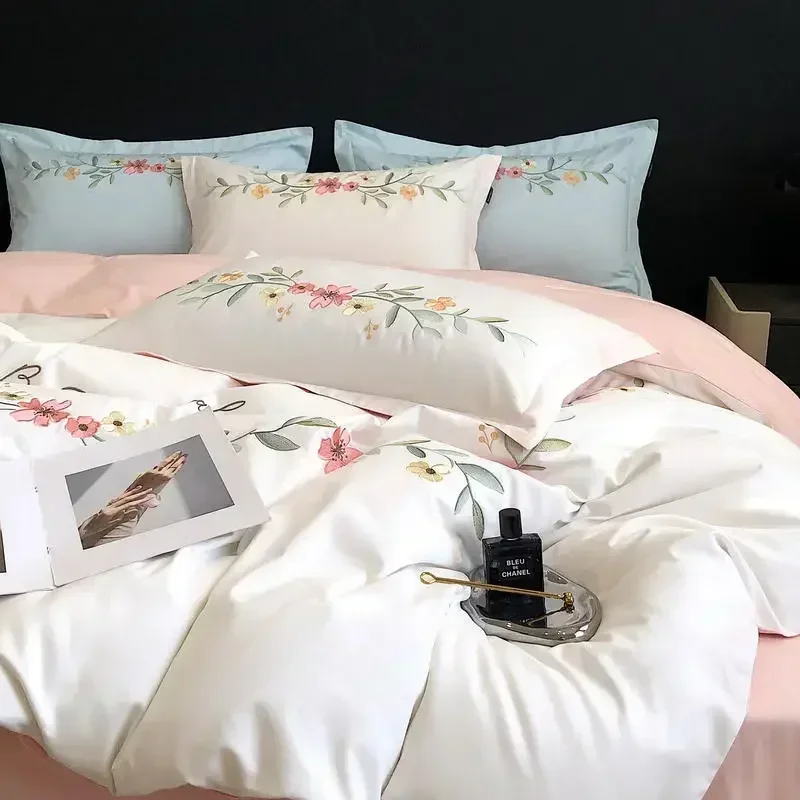 

Flower Embroidery Pure Cotton Duvet Cover Set 220x240 High Quality Queen Bedding Set King Size Quilt Cover Set with Sheets Home