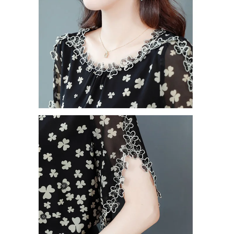 M-4XL Flying Sleeve Embroidered Tops 2023 Summer Women Floral Printed Shirt New Fashion Loose Chiffon blouse