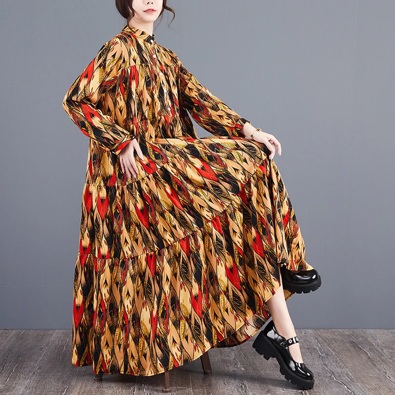 #6780 Spring Vintage Printed A-line Long Shirt Dress Women Stand Collar Buttons Office Retro Split Joint Tiered Ankle-length