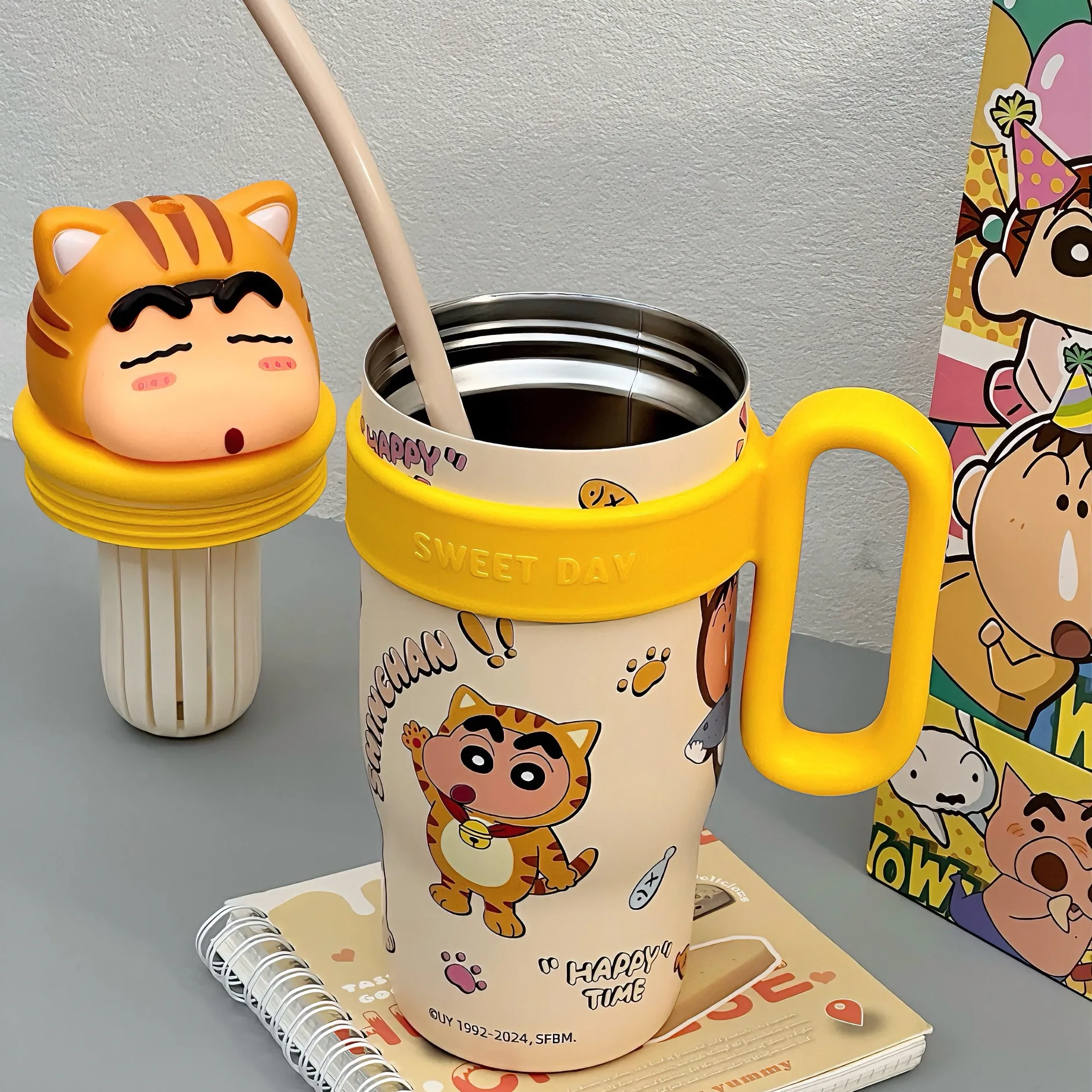 Crayon Shin-Chan Cartoon Handle Water Bottle 316 Stainless Steel Thermos Large Capacity Straw Cup Tabletop Bottle Children Gift