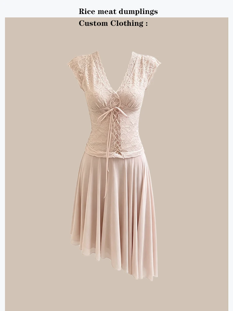 

Elegant Lace Tie Top And Skirt Set Asymmetrical Summer Fashion Women's Clothing V-neck Sleeveless Slim Fit High Waist