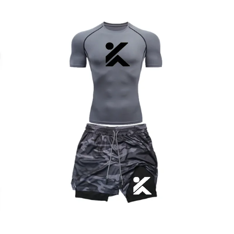 Atasan Olahraga Kasual Gym Gambar Cetak Huruf K Baru Setelan Pria Ketat Olahraga Desain Fashion Cepat Kering Leher Bulat