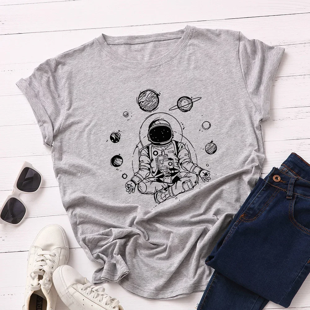 JFUNCY Summer Women T-shirt Creative Space Astronaut Print Short Sleeve Tops 100% Cotton Woman Tshirt  Loose Female Tees