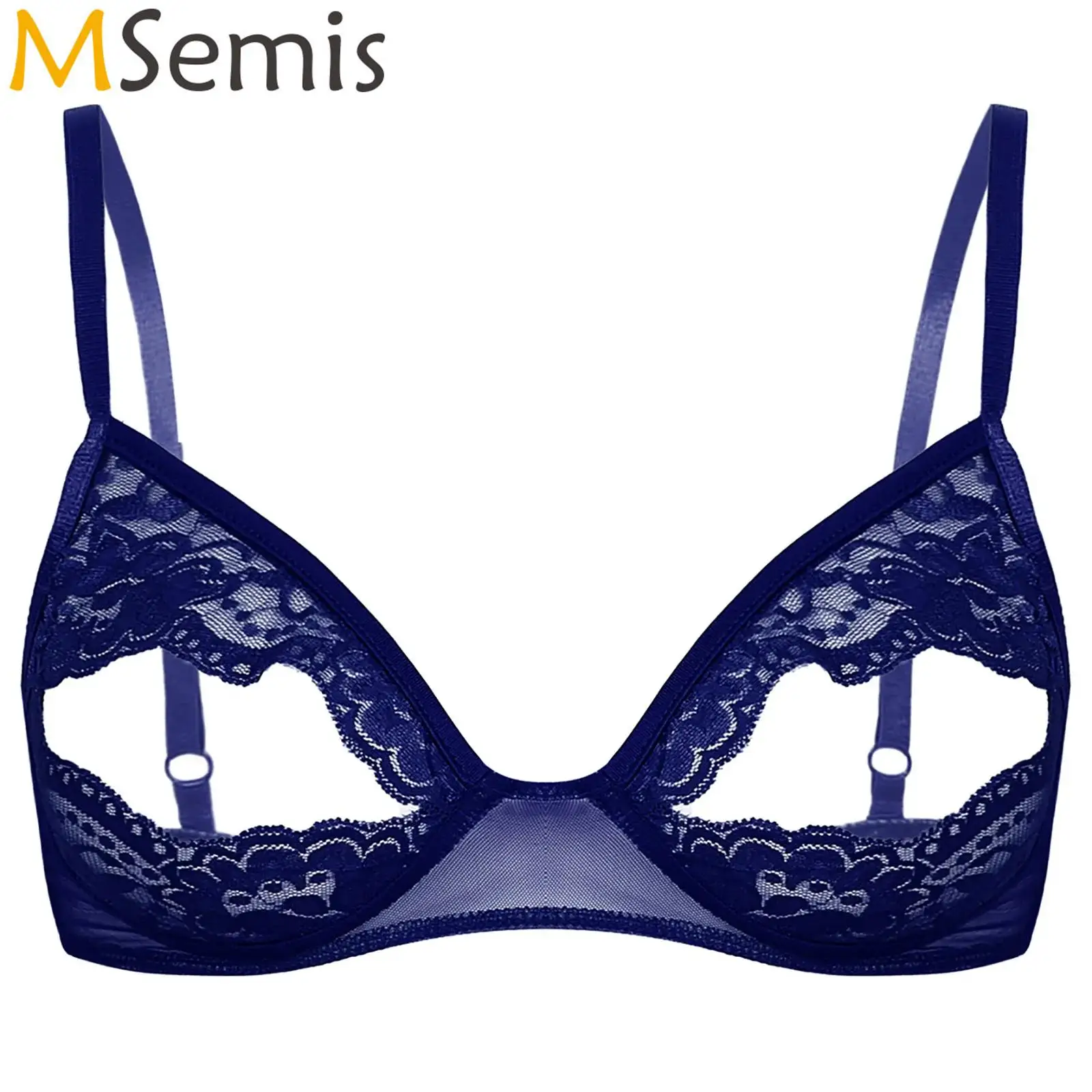 

Womens Lingerie Sheer Lace Floral Bra Adjustable Spaghetti Shoulder Straps Open Nipple Split Bralette Wire-free Unlined Bra Top