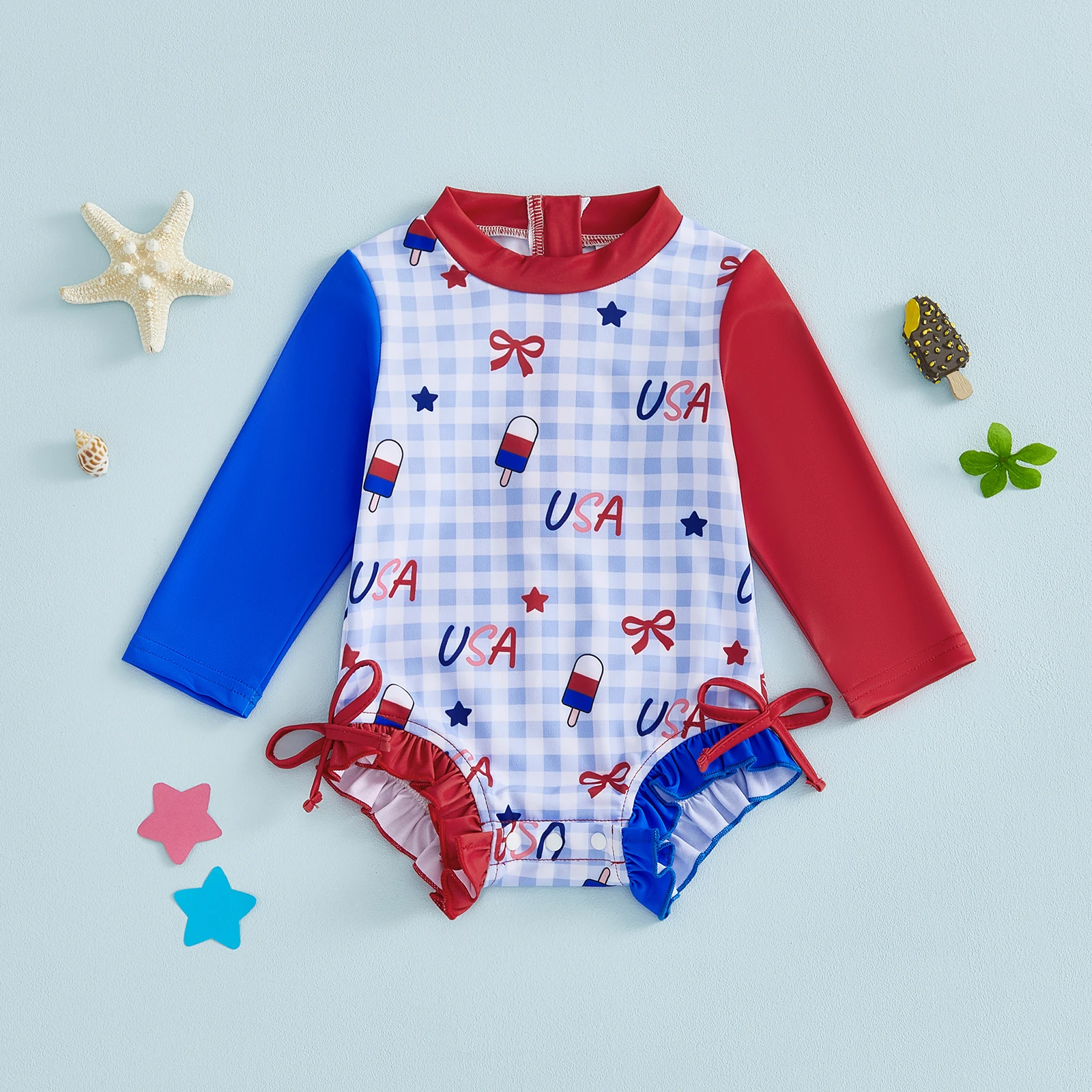 Kids Girl 4th of July Swimsuits Letter Plaid Print Long Sleeves Rash Guard Swimwear for Toddler Bathing Suits