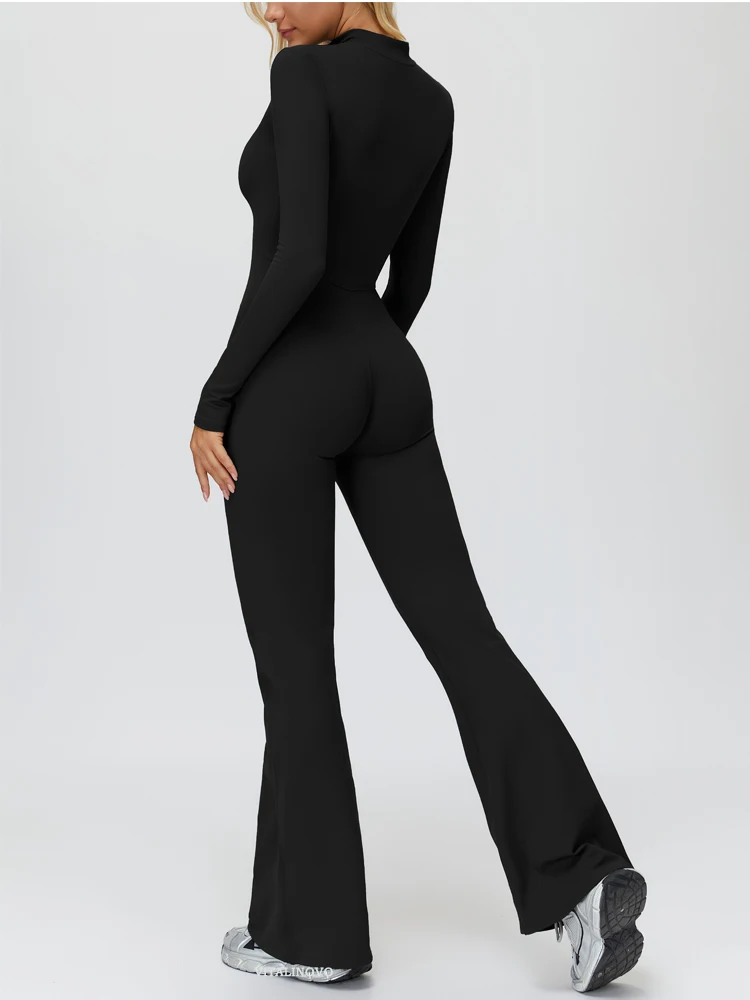 VITALINOVO Damen-Overall mit langen Ärmeln, Flare-Workout-Overall, Reißverschluss, Strampler, Hose, weites Bein, Ganzkörper-Body, figurbetont, einteilig – Detail 9