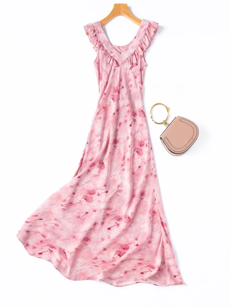 1.4 미터 길이 100% 천연 뽕나무 실크 크레페 드 신 오블리크 컷 민소매 휴가 스타일 여성 캐주얼 프린트 드레스