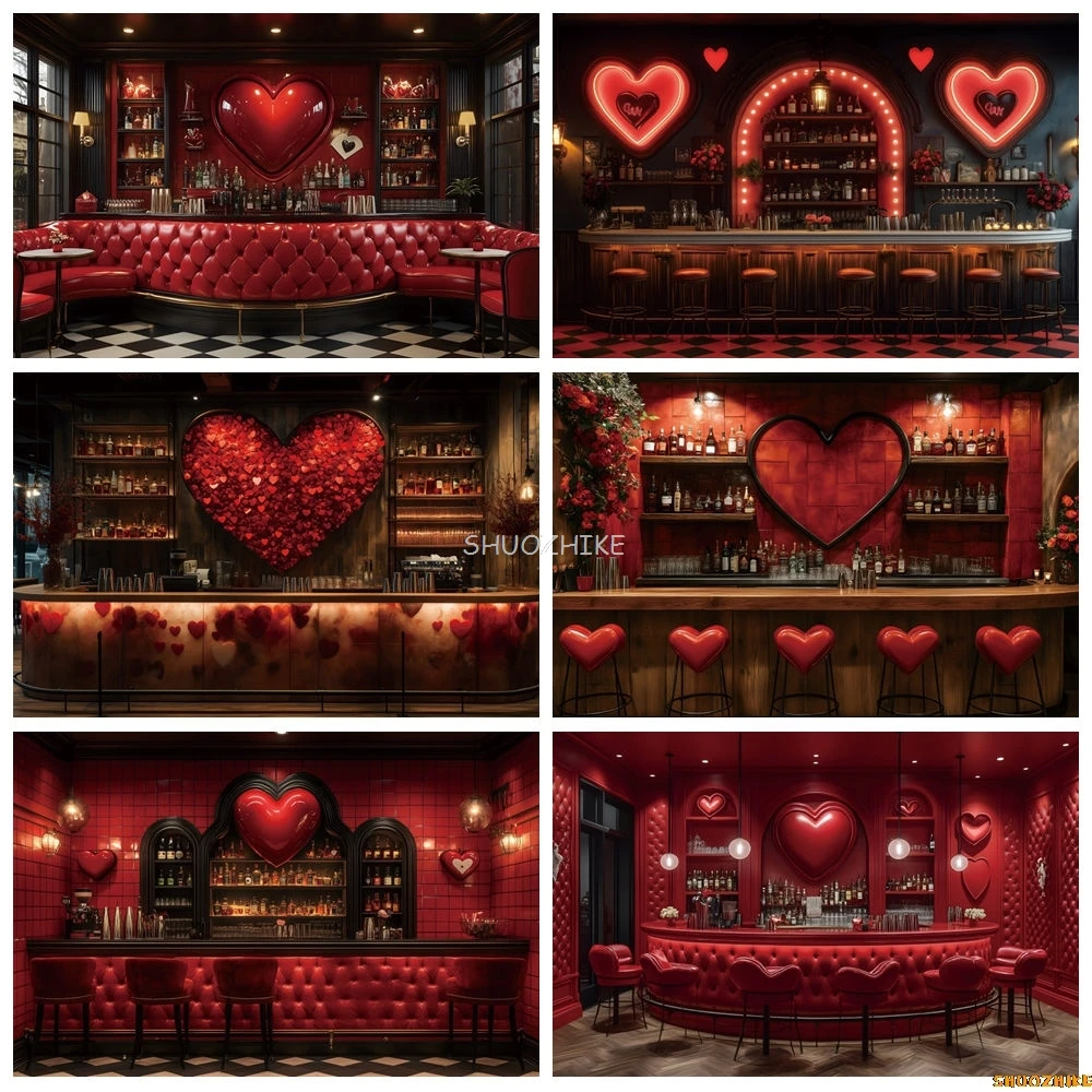 February 14th Valentine's Day Photography Backdrop Red Sweetheart Shop Bar Wine Cabinet Love Heart Couple Photo Background Decor