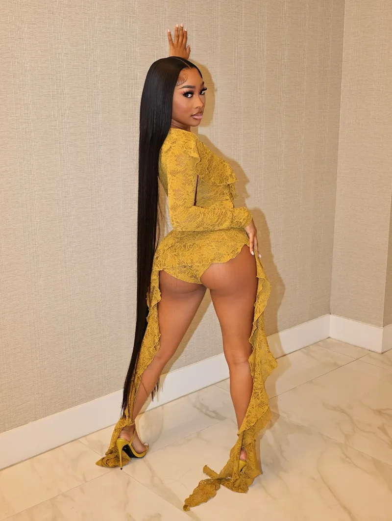 KEXU 긴 소매 크로스보더 가을 겨울 섹시 시스루 레이스 미니 드레스 섹시한 딥 V 비대칭 플레어드 랩어라운드 파티 드레스