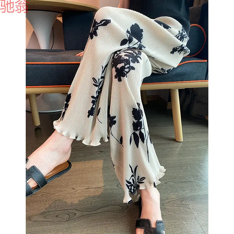 Folded versatile casual pants children's niche design straight printed trousers high waist thin drape wide