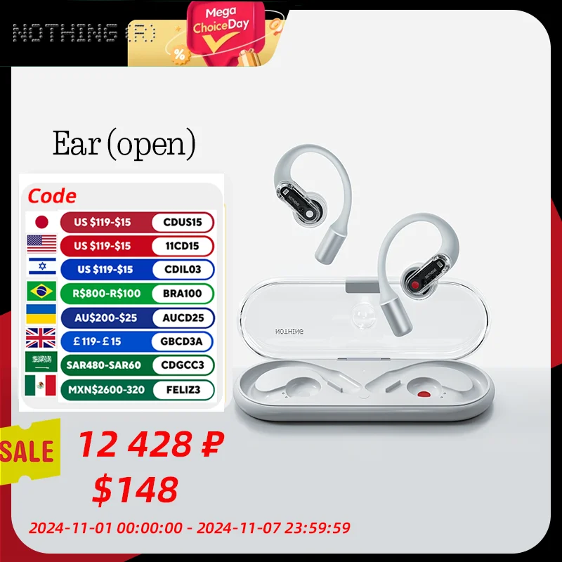 

Global Versio Original Nothing Ear (Open) Open-Ear Earphone Bluetooth 5.3 Customizable EQ IP54 Waterproof ChatGPT EarBuds