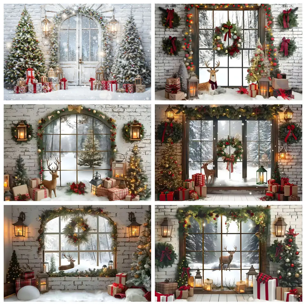 White Christmas Photography Backdrop Brick Wall Window Xmas Tree Gift Snow Forest Elk Wood Door Winter Portrait Background Decor