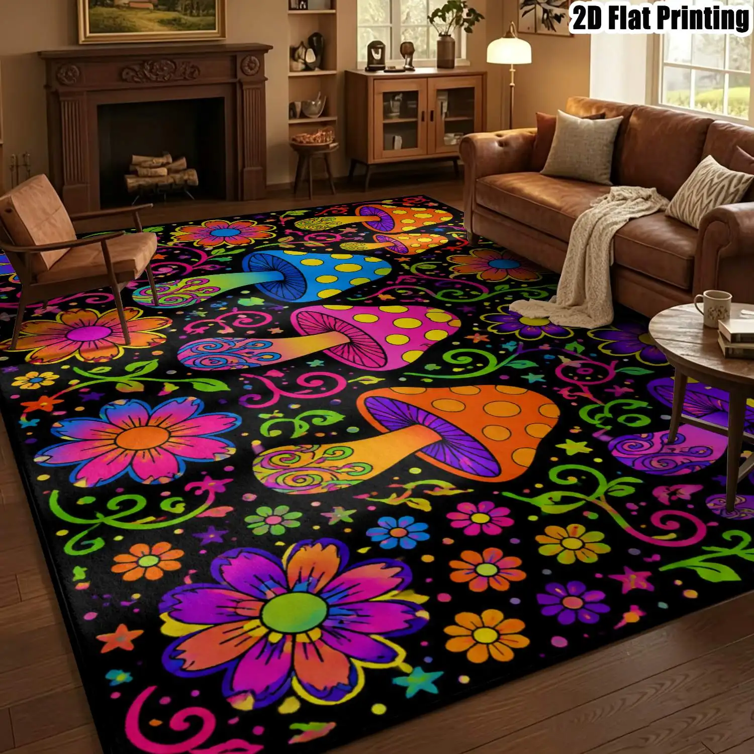 1Pc 2D Printed Carpet: Colorful Flower & Mushroom Patterns, Bohemian/Vintage/European/Instagram Style, Geometric Design, Home Decor, Multiple Sizes, Machine Washable, Suitable for Entrance, Dining, Foyer, Bedroom, Living Room