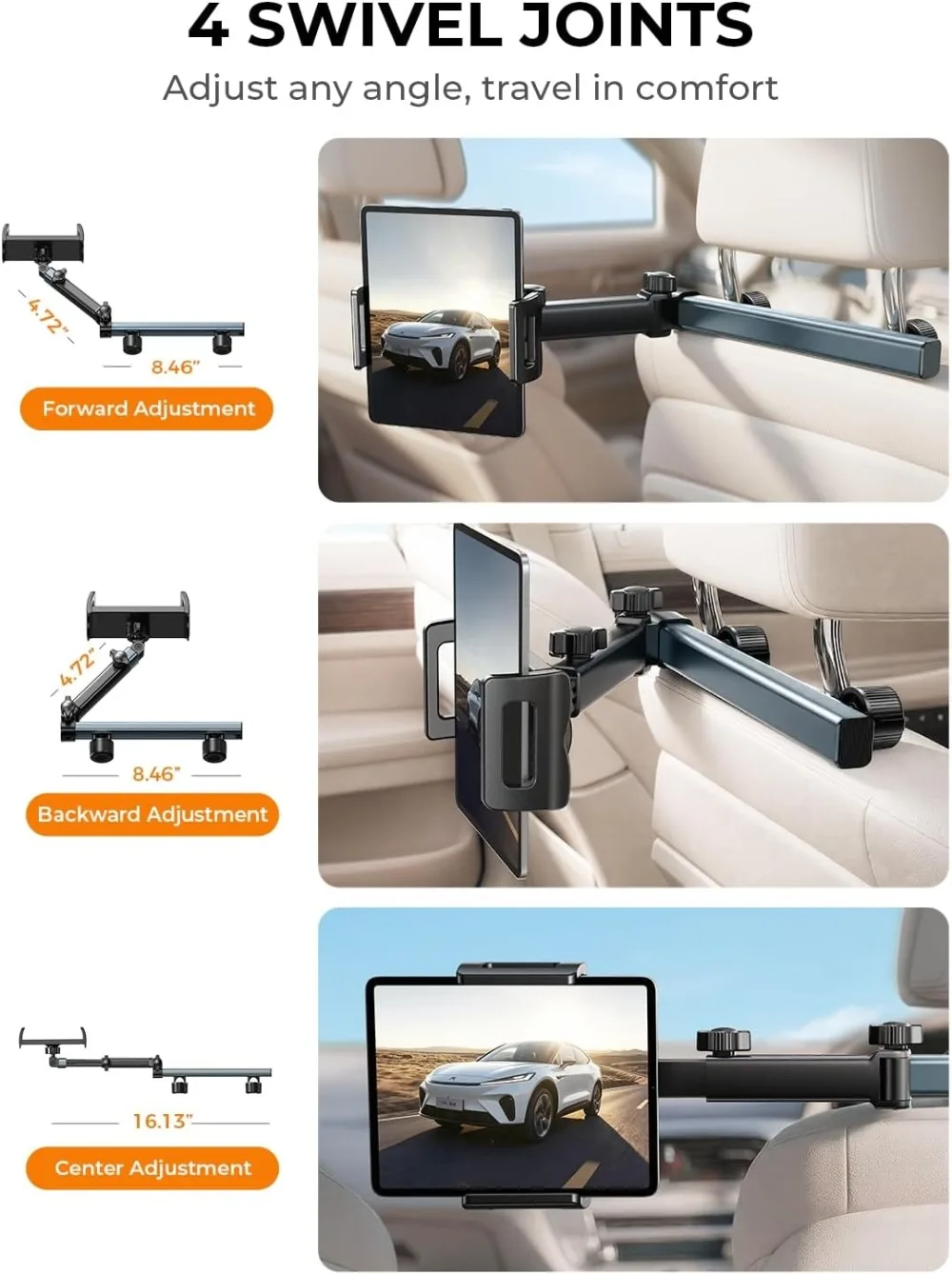 Car Tablet Mount for Back Seat, Road Trip Essentials, iPad Holder for Kids, 4-Axis 360 Adjustable, Sturdy & Safe, Easy Install, Fits Most Headrests - view 3