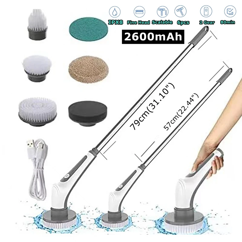 2600mAh IPX8 6-in-1 Electric Aquarium Cleaning Brushes Fish Tank Electric Scrubber Brush Type-C Kicthen Bathroom Cleaning Tools
