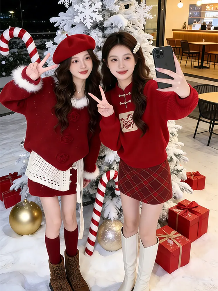 

Red High Waist ort Skirt Sweater Set New Year Faion Women's Clothing Slimming Two-Piece Set Casual Sle Autumn Winter Sp...