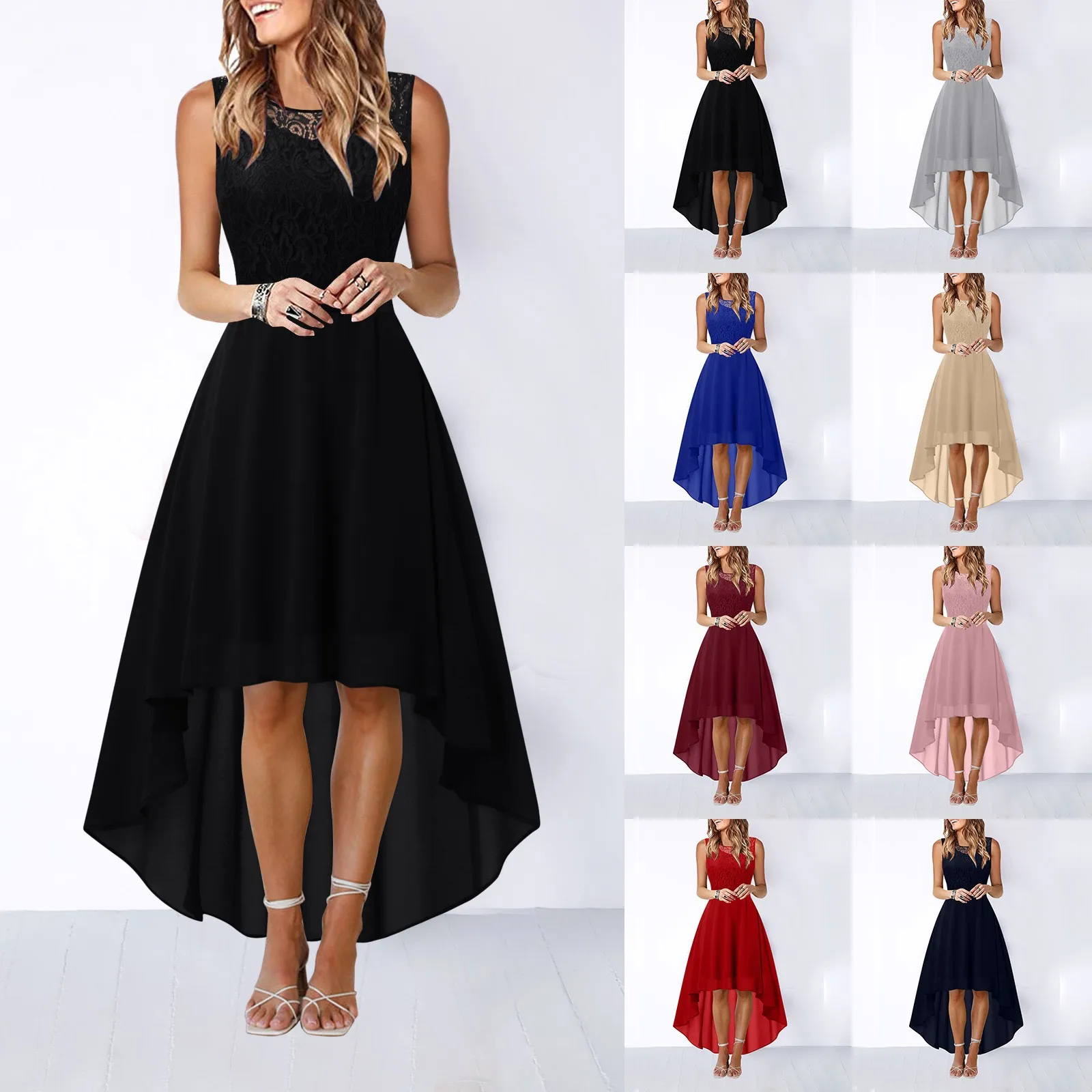 

Women's Lace Bow Belt Elegant Irregular Length Dress Sleeveless Chiffon Dress Solid Color Leisure Fashionable Ladies Long Skirts