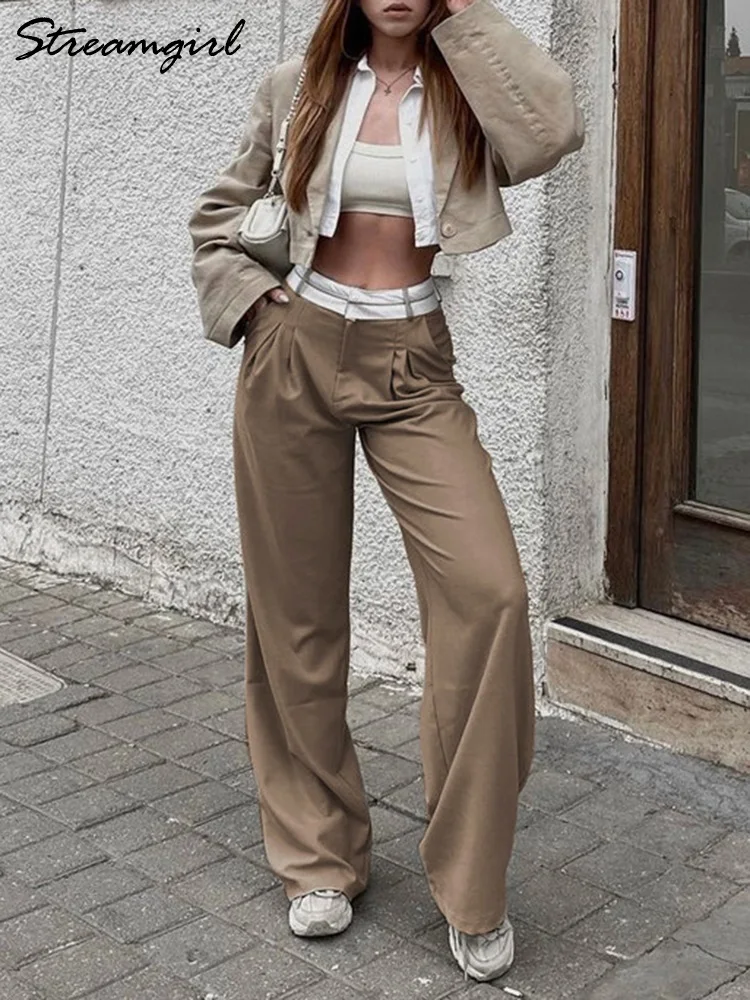 Women\'s Pants Wide Leg Solid Casual Trousers Spring Office Wear Coffee Pant Female Streetwear Loose Pants For Women Black 2023