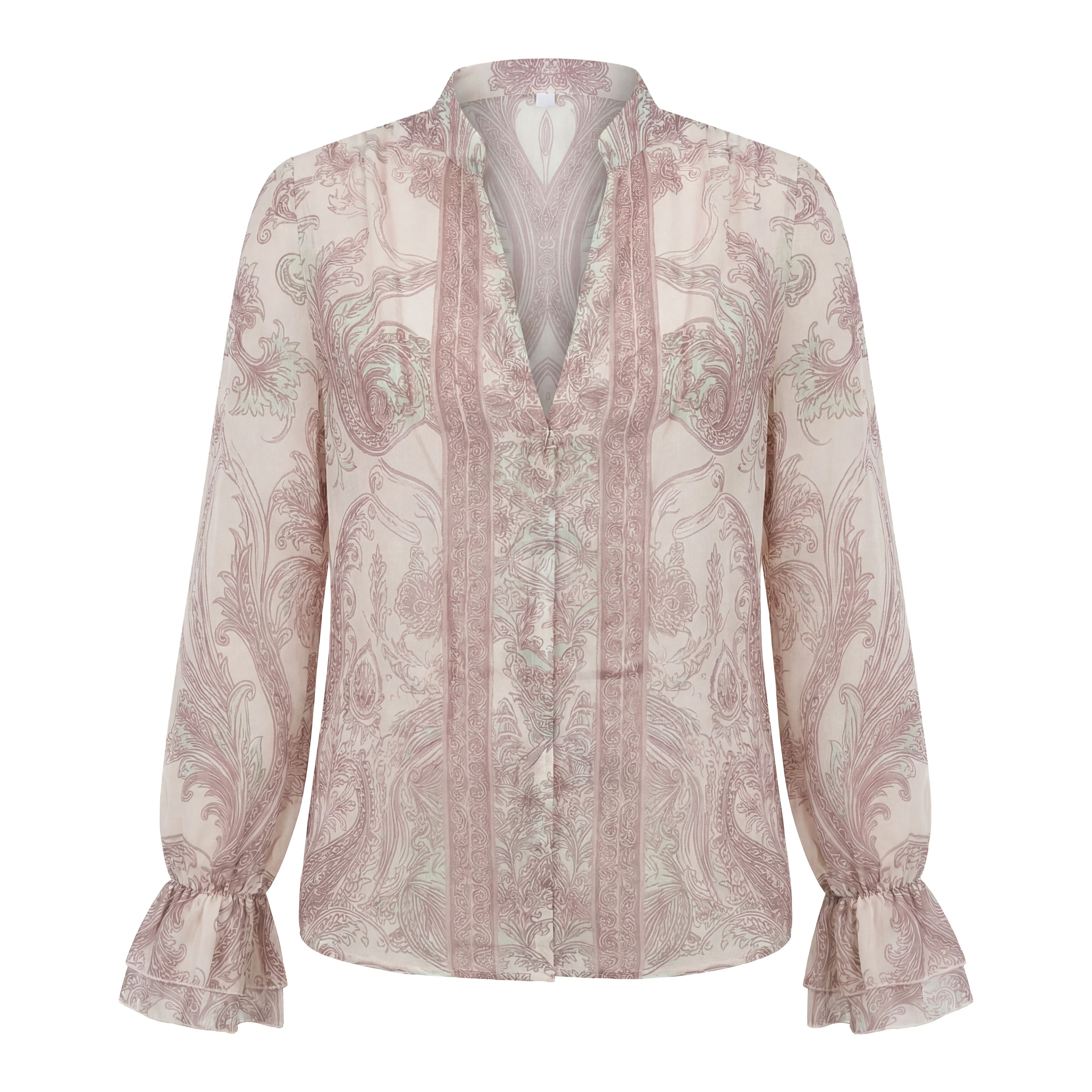 Rosa fera Women Boho Paisley Print Blouse V Neck Flare Sleeve Casual Shirt